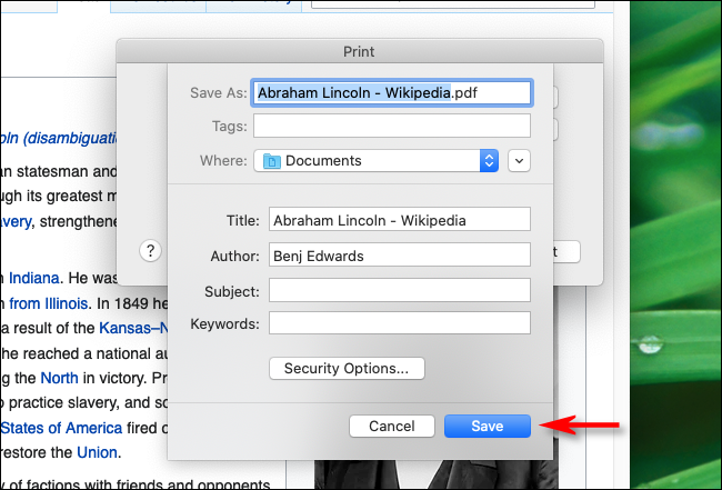 Escriba el nombre del archivo y haga clic en Guardar en Firefox en Mac