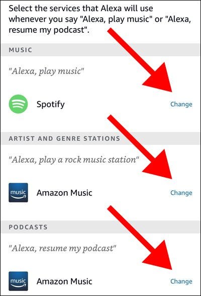 Servicios predeterminados de la aplicación Alexa para música